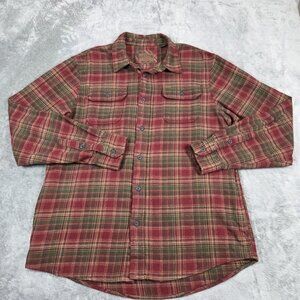 Orvis Shirt Mens Large Red Green Plaid Heavy Flannel Button Up Shacket Hiking
